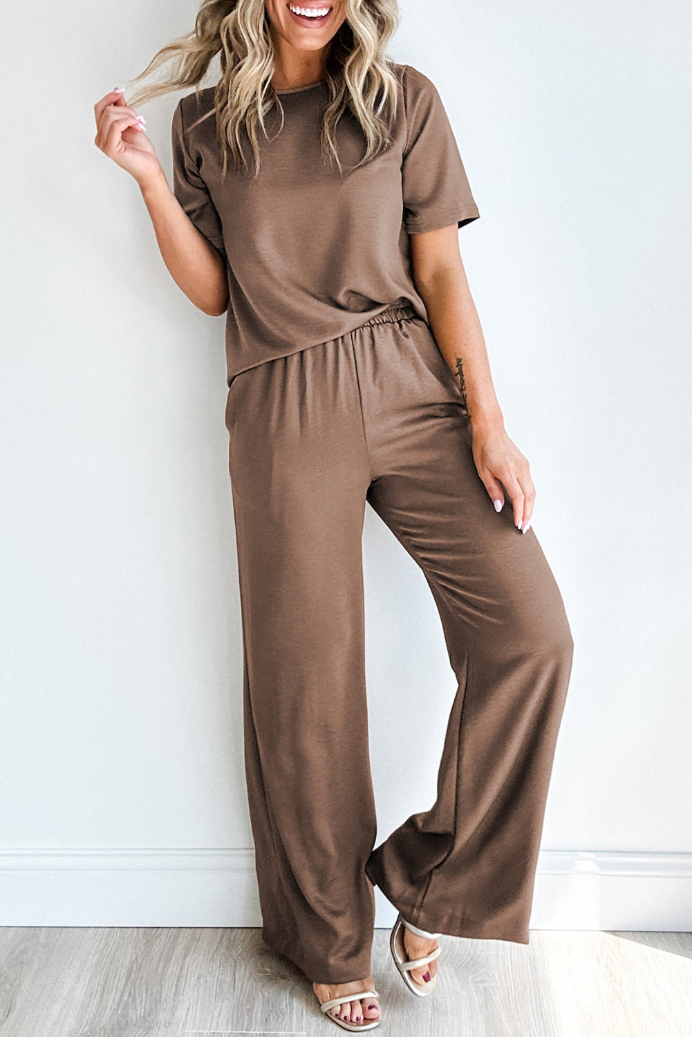 Taupe Solid Color T Shirt 2pcs Wide Leg Pants Set