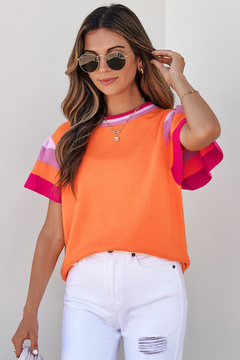 Orange and Pink Contrast Flutter Sleeves Knitted Sweater T Shirt