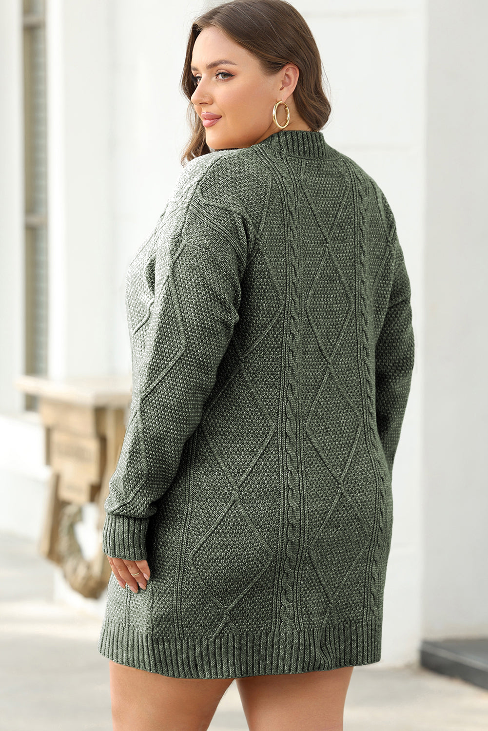 Green Cable Knit Drop Shoulder Loose Fit Sweater Dress