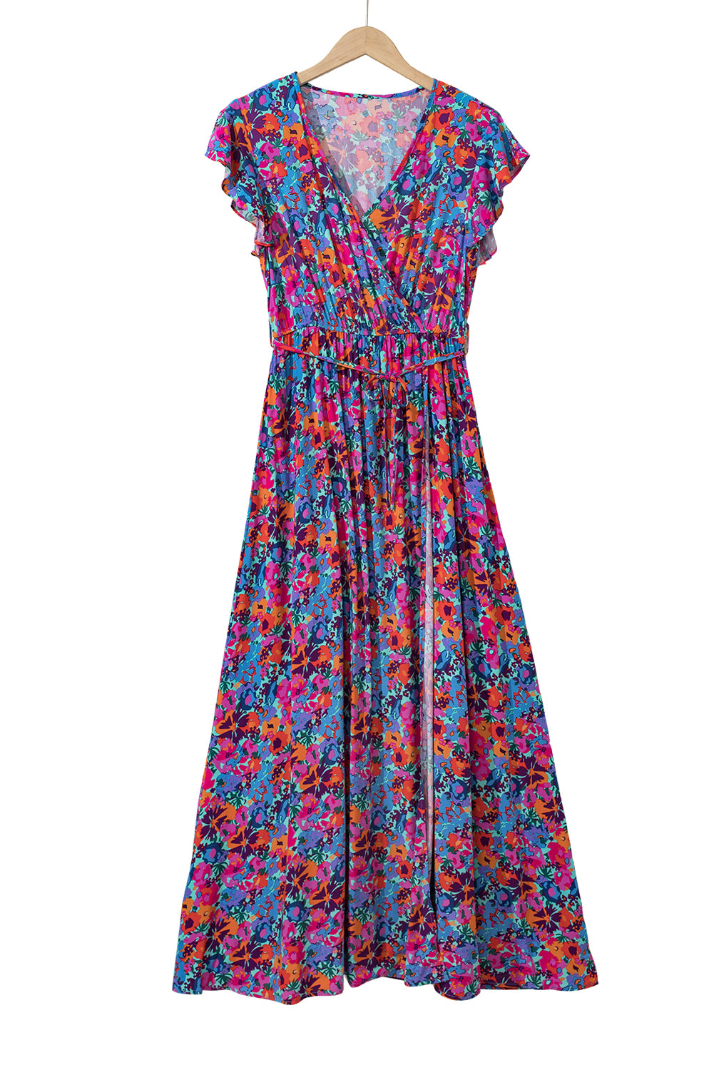 Blue and Pink Floral Print V Neck Wrap Split Maxi Dress