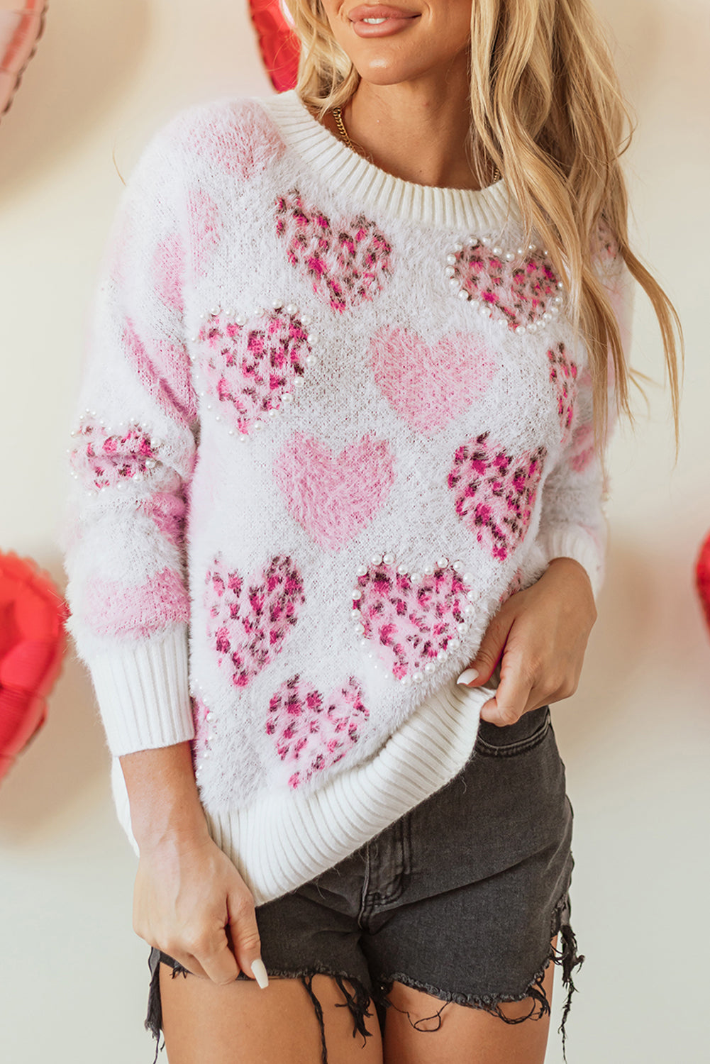 Pink Heart Leopard Print Sweater