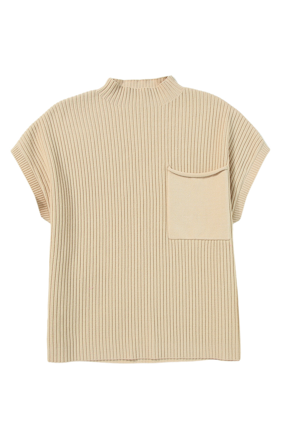 Oatmeal Patch Pocket Ribbed Knit Short Sleeve Turtleneck Sweater