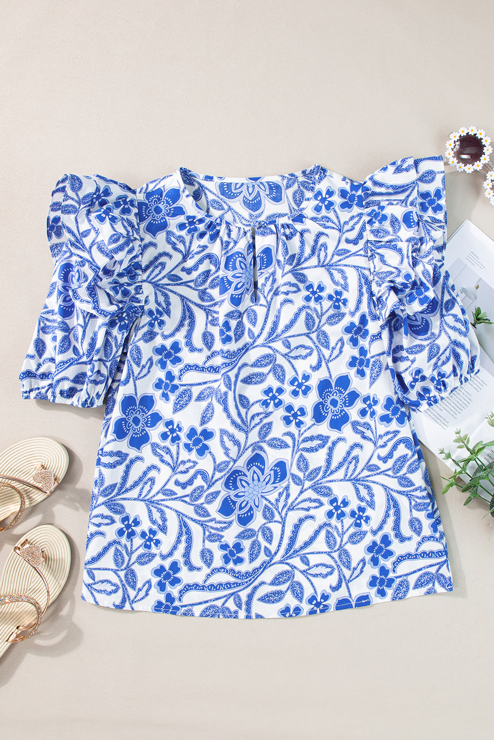 Dark Blue Floral Print Ruffled Bubble Sleeve Blouse