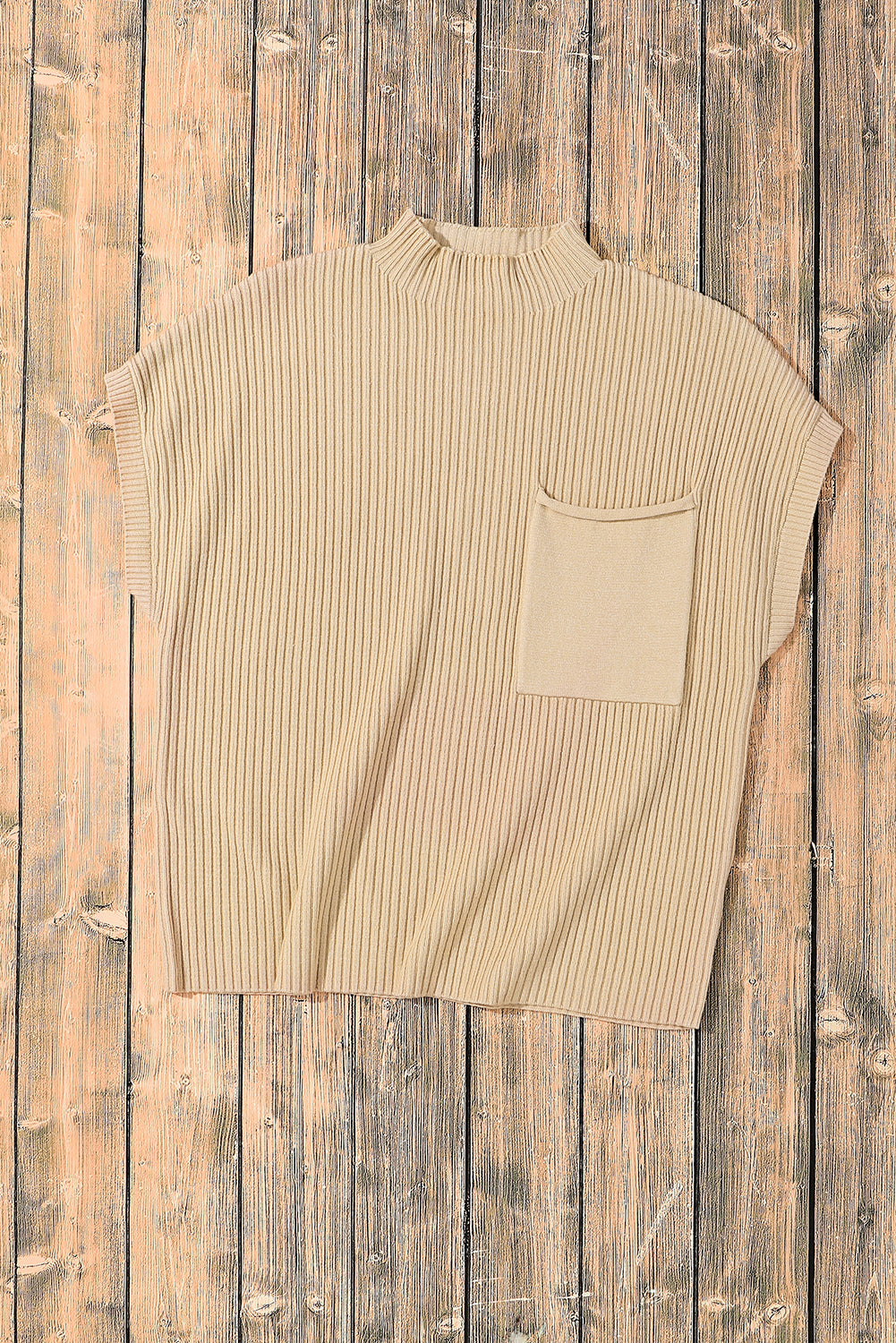 Oatmeal Patch Pocket Ribbed Knit Short Sleeve Turtleneck Sweater