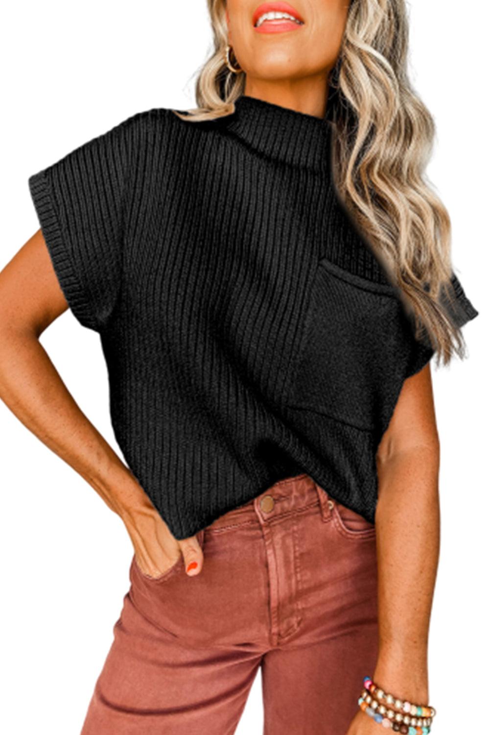 Black Patch Pocket Ribbed Knit Short Sleeve Turtleneck Sweater