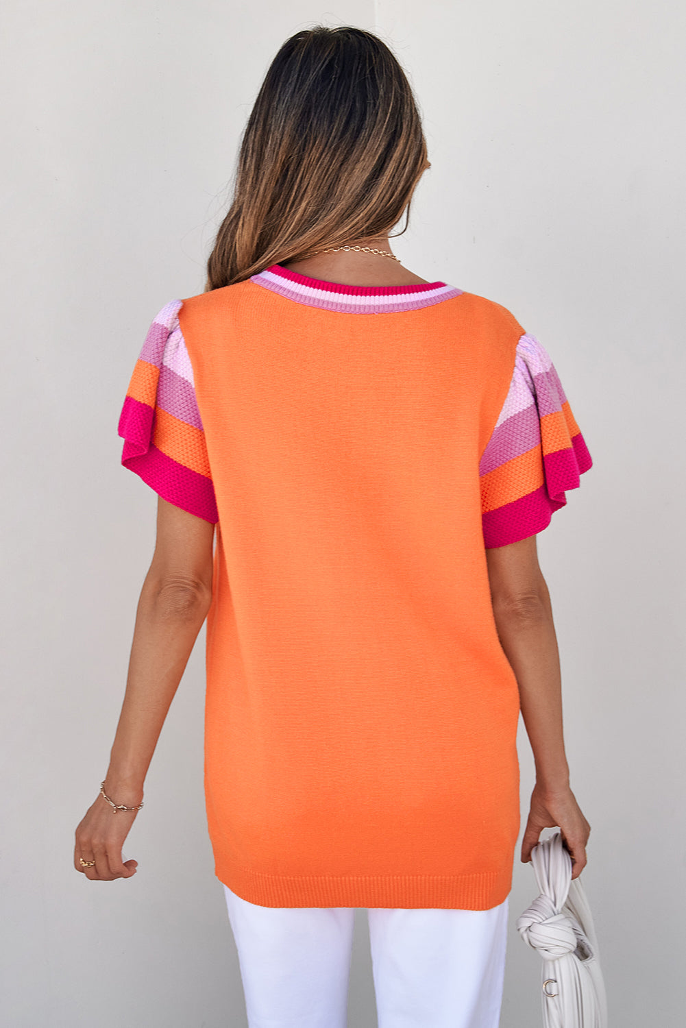 Orange and Pink Contrast Flutter Sleeves Knitted Sweater T Shirt