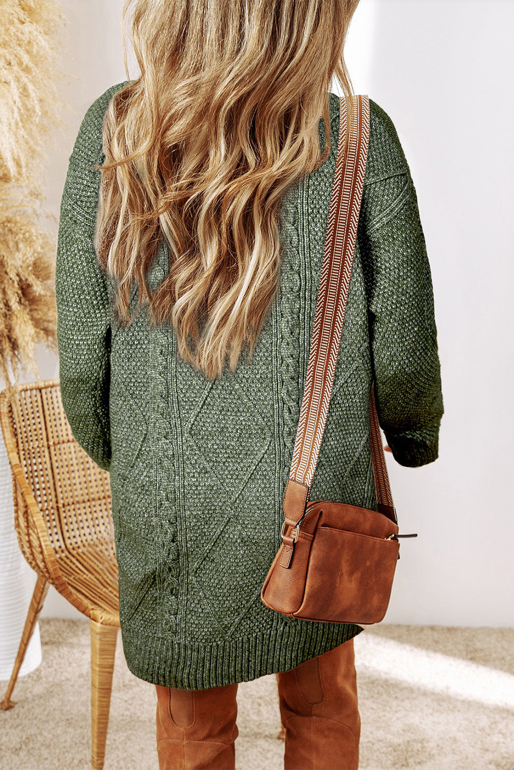 Green Cable Knit Drop Shoulder Loose Fit Sweater Dress