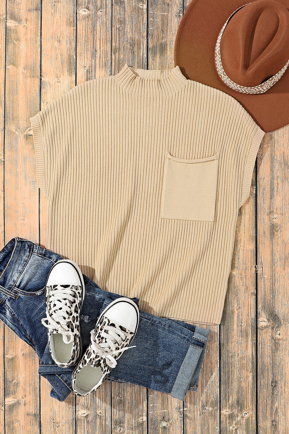 Oatmeal Patch Pocket Ribbed Knit Short Sleeve Turtleneck Sweater